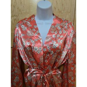 Vintage Floral Satin Robe With Tie Waist & Kimono Sleeves Lg sleep elegant